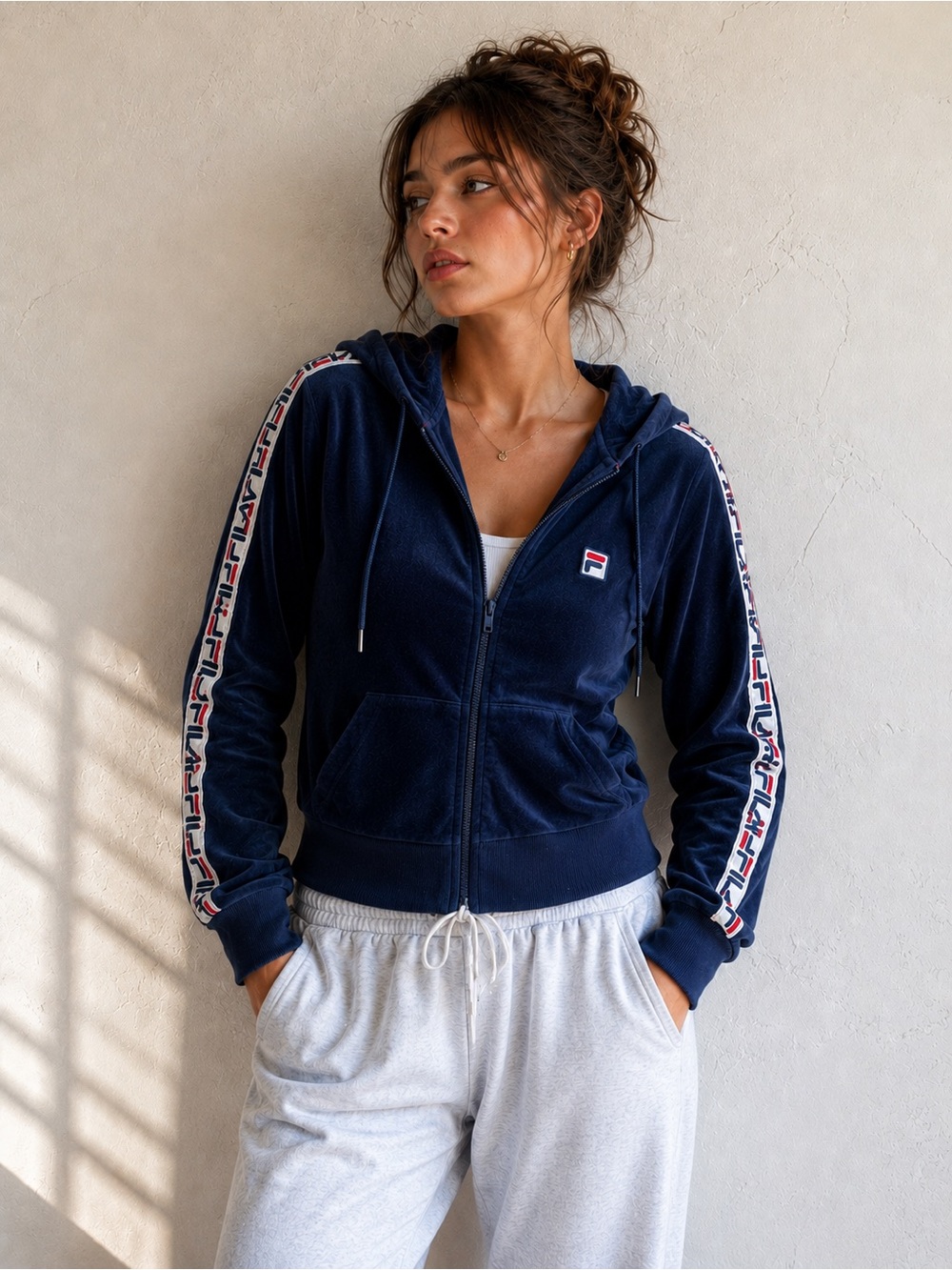 Navy Fila Velour Zip Hoodie Y2K Track‎ Jacket McBling Sporty Streetwear XL